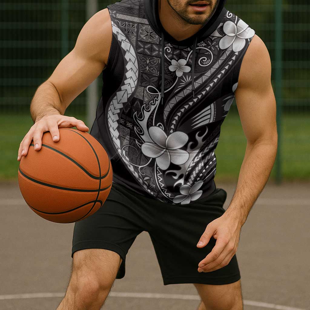 Samoa Siapo Tribal Pattern Sleeveless Hoodie Black Polynesian Plumeria Tapa Motif