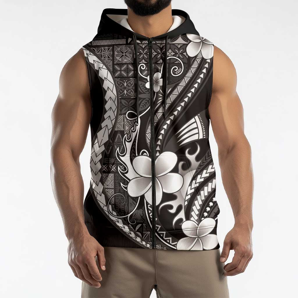 Samoa Siapo Tribal Pattern Sleeveless Zip Hoodie Black Polynesian Plumeria Tapa Motif
