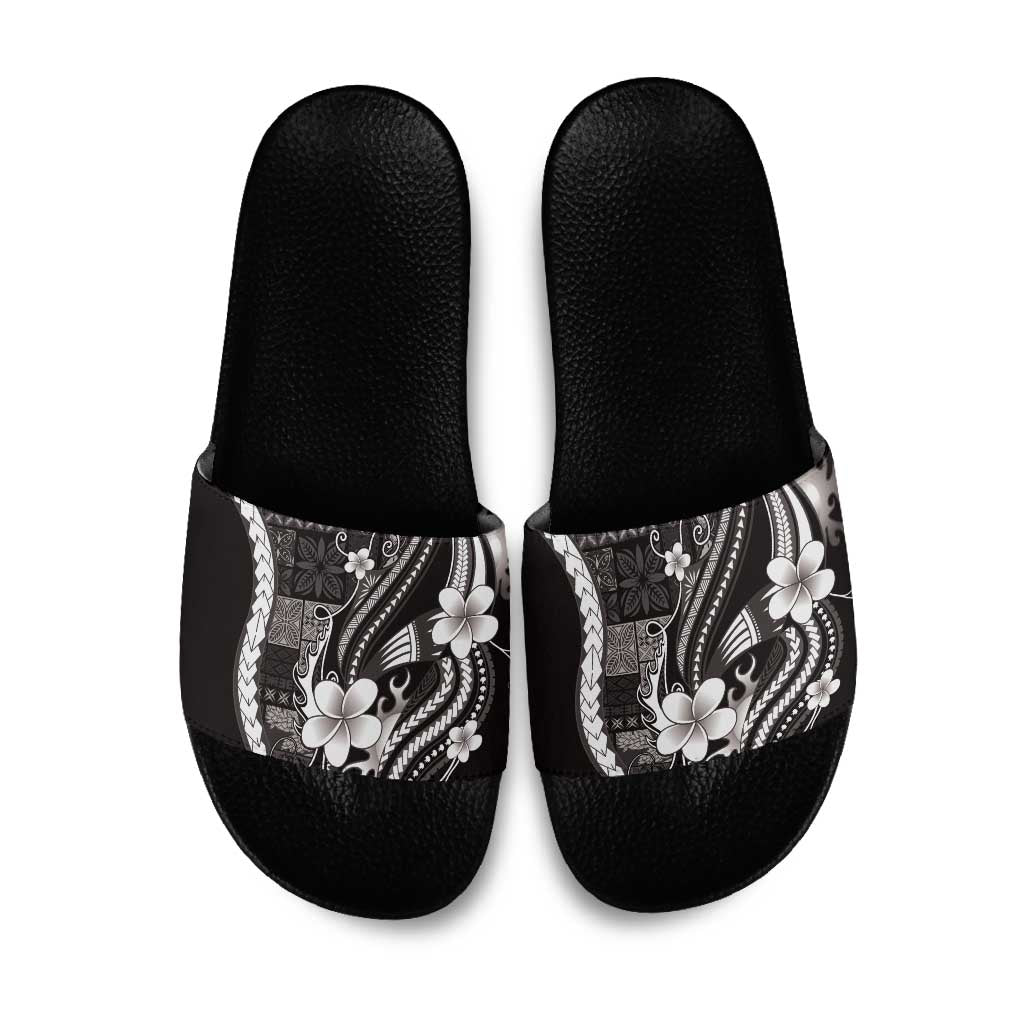 Samoa Siapo Tribal Pattern Slide Sandals Black Polynesian Plumeria Tapa Motif