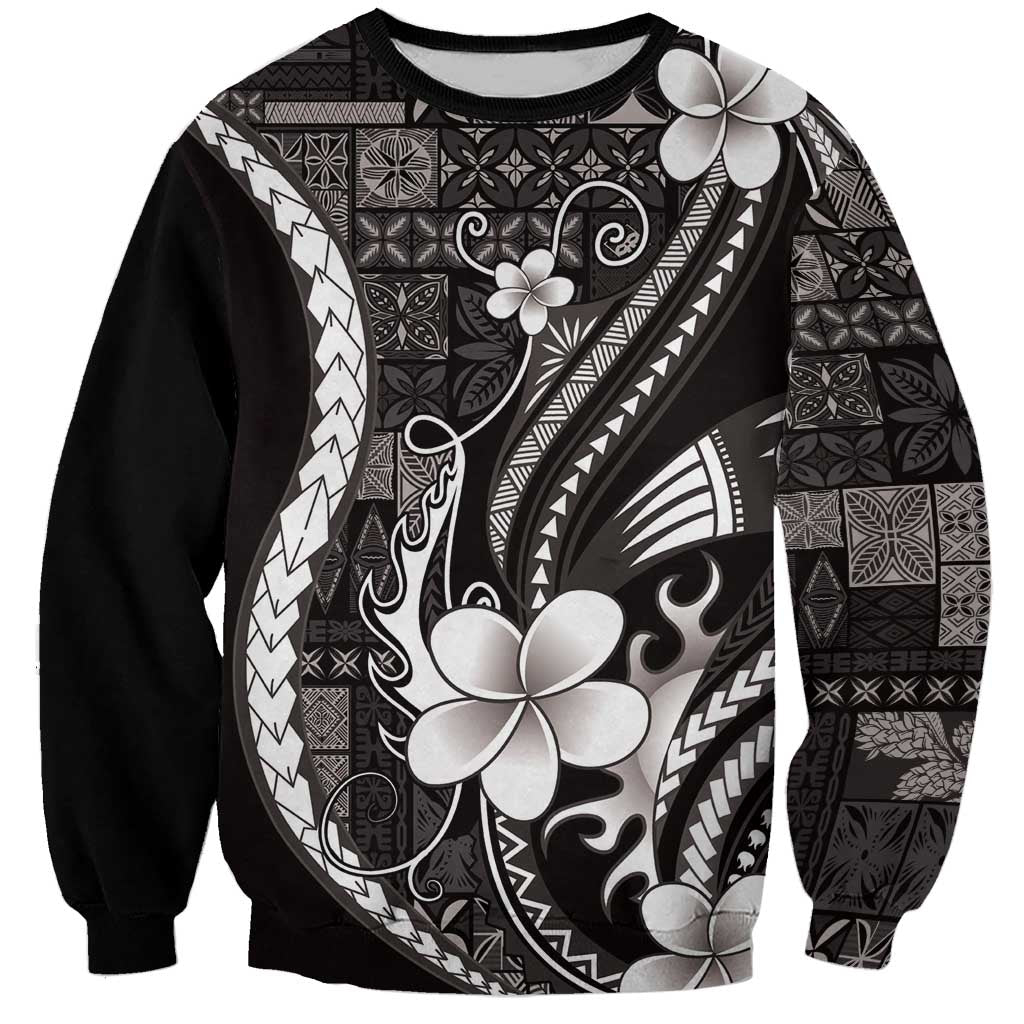 Samoa Siapo Tribal Pattern Sweatshirt Black Polynesian Plumeria Tapa Motif