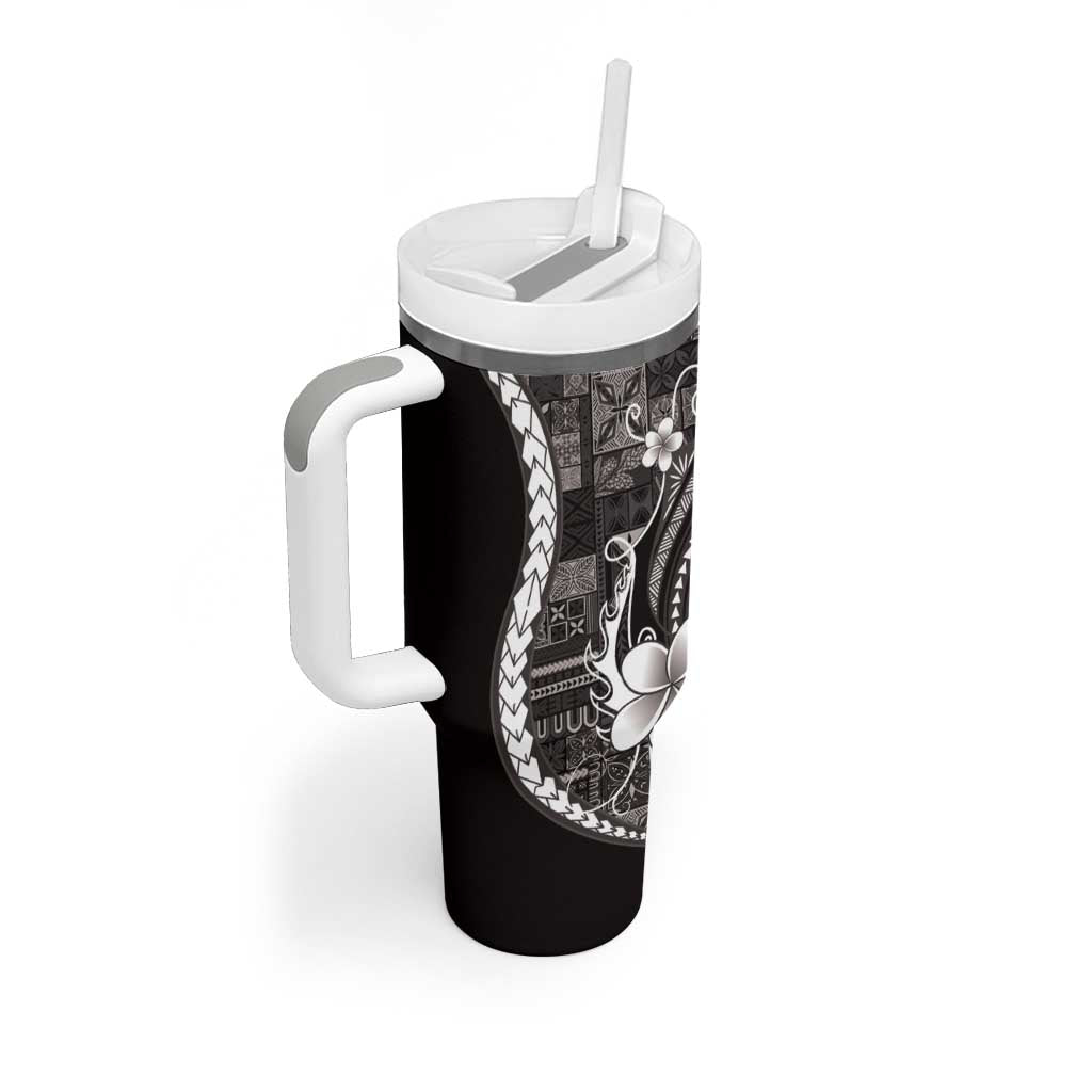 Samoa Siapo Tribal Pattern Tumbler With Handle Black Polynesian Plumeria Tapa Motif