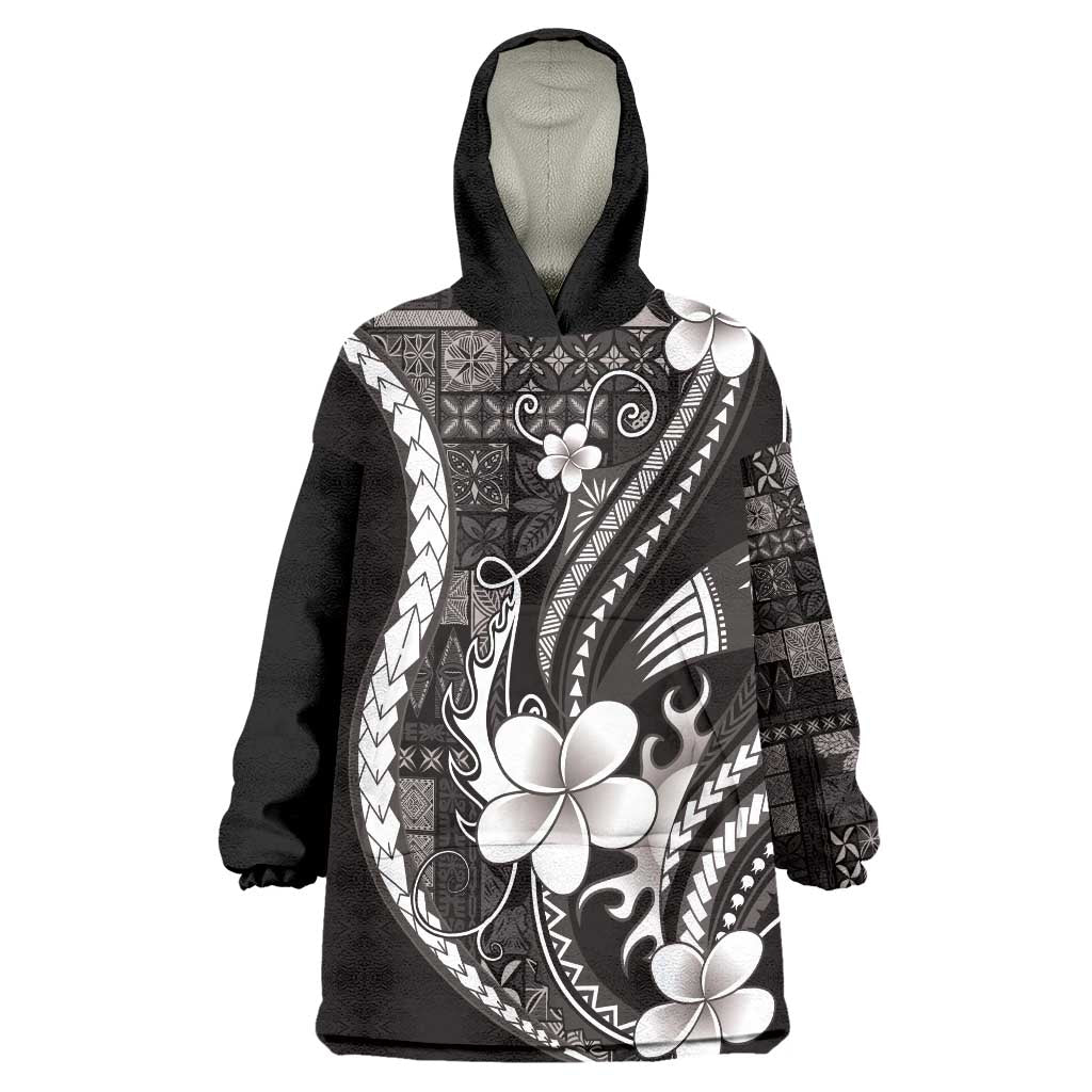 Samoa Siapo Tribal Pattern Wearable Blanket Hoodie Black Polynesian Plumeria Tapa Motif