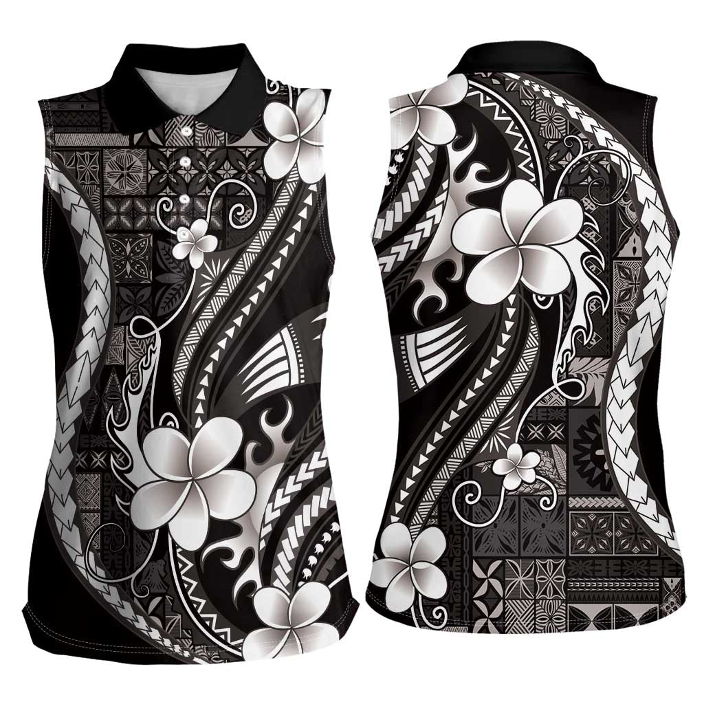 Samoa Siapo Tribal Pattern Women Sleeveless Polo Shirt Black Polynesian Plumeria Tapa Motif