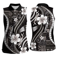 Samoa Siapo Tribal Pattern Women Sleeveless Polo Shirt Black Polynesian Plumeria Tapa Motif