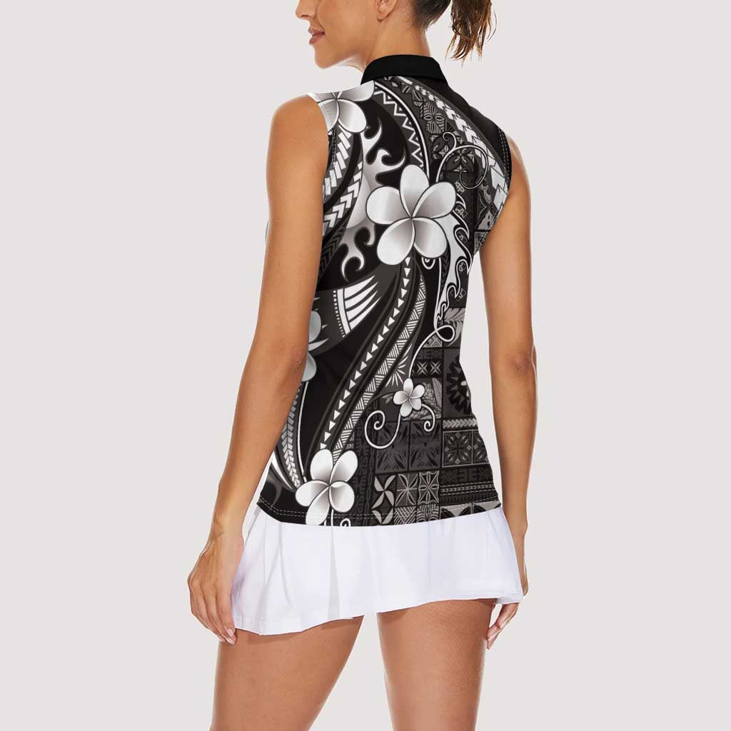 Samoa Siapo Tribal Pattern Women Sleeveless Polo Shirt Black Polynesian Plumeria Tapa Motif