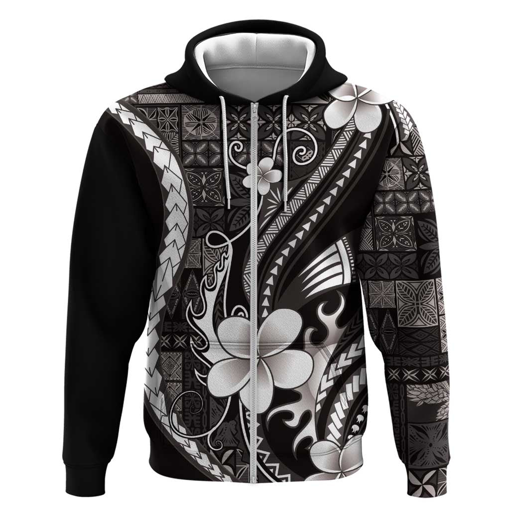 Samoa Siapo Tribal Pattern Zip Hoodie Black Polynesian Plumeria Tapa Motif