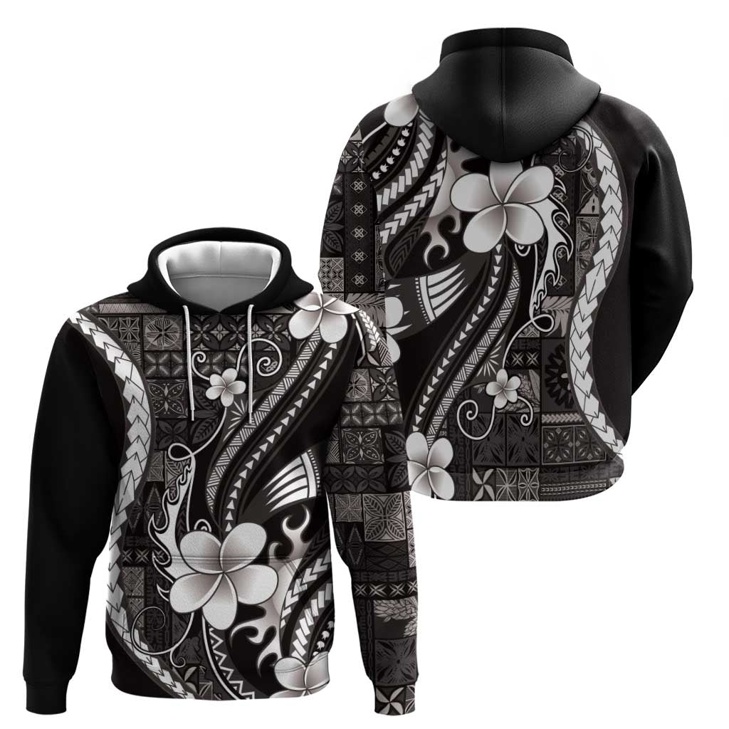 Samoa Siapo Tribal Pattern Zip Hoodie Black Polynesian Plumeria Tapa Motif