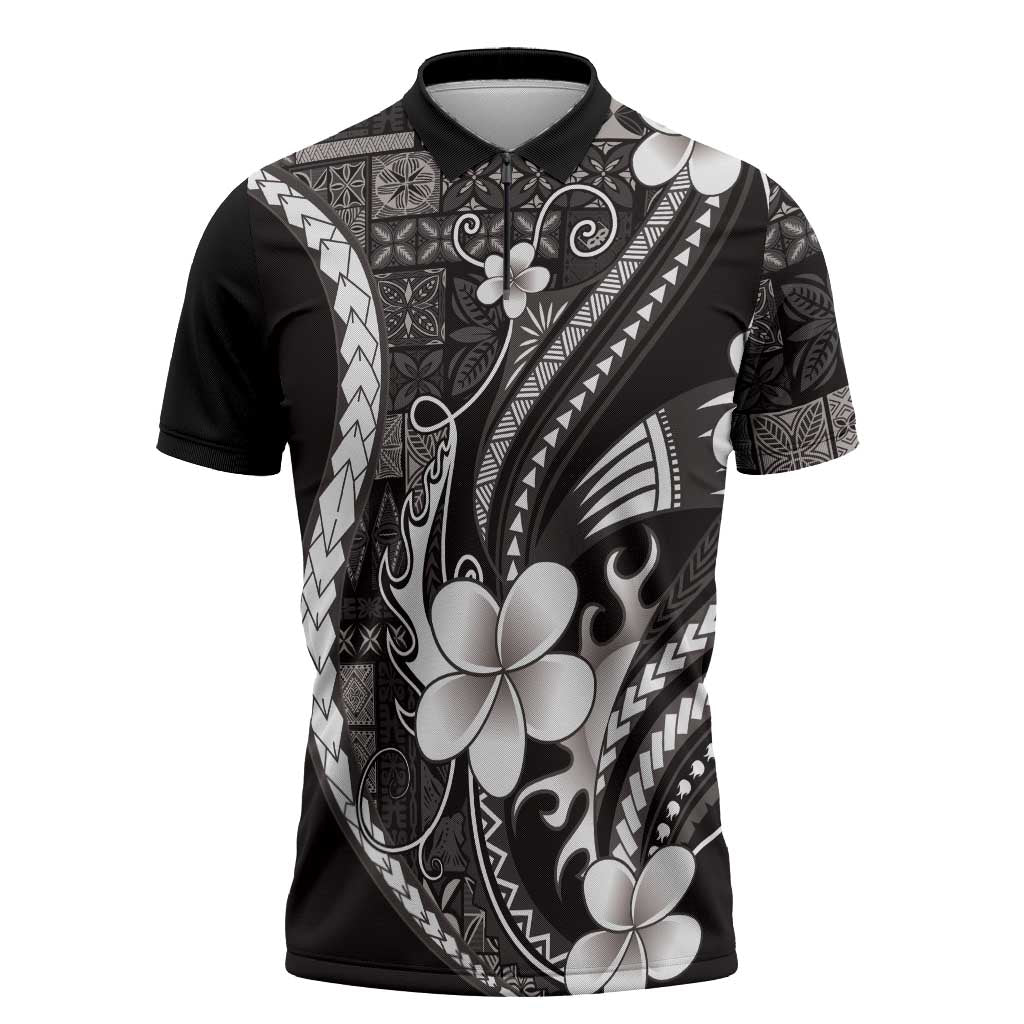 Samoa Siapo Tribal Pattern Zipper Polo Shirt Black Polynesian Plumeria Tapa Motif