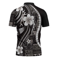 Samoa Siapo Tribal Pattern Zipper Polo Shirt Black Polynesian Plumeria Tapa Motif
