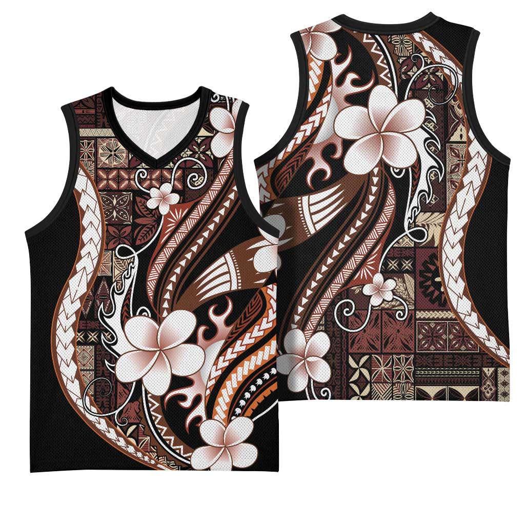 Samoa Siapo Tribal Pattern Basketball Jersey Brown Polynesian Plumeria Tapa Motif