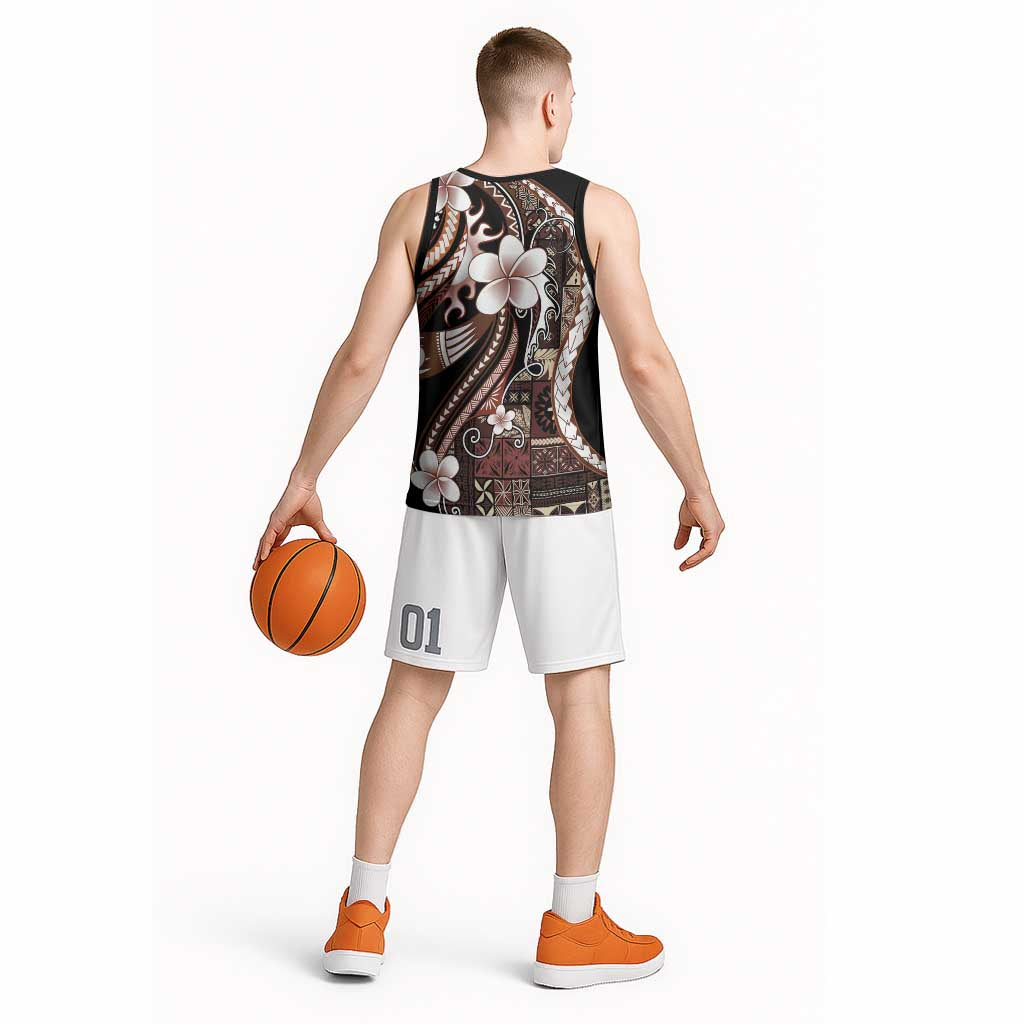 Samoa Siapo Tribal Pattern Basketball Jersey Brown Polynesian Plumeria Tapa Motif