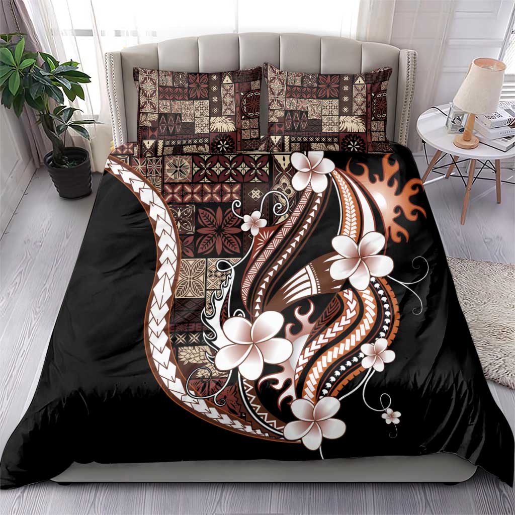 Samoa Siapo Tribal Pattern Bedding Set Brown Polynesian Plumeria Tapa Motif