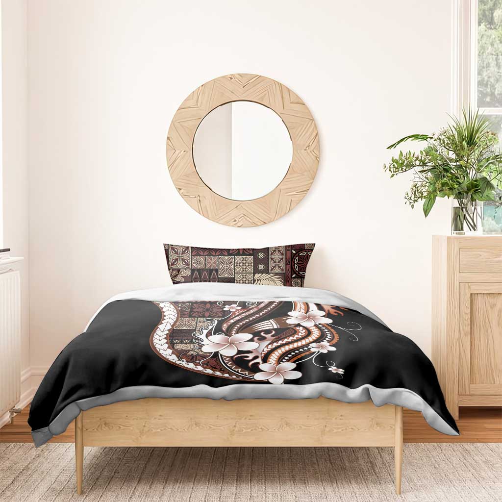 Samoa Siapo Tribal Pattern Bedding Set Brown Polynesian Plumeria Tapa Motif