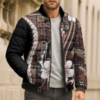 Samoa Siapo Tribal Pattern Bomber Puffer Jacket Brown Polynesian Plumeria Tapa Motif