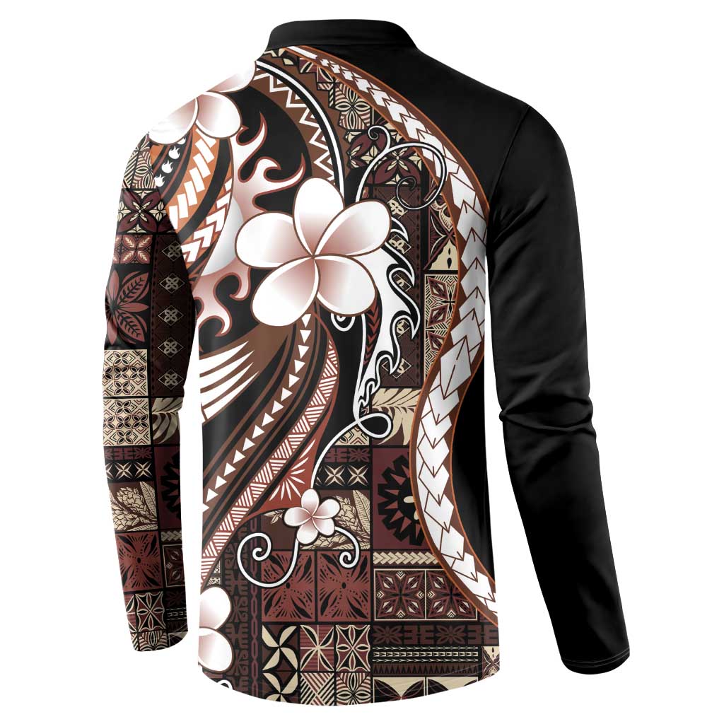 Samoa Siapo Tribal Pattern Button Sweatshirt Brown Polynesian Plumeria Tapa Motif