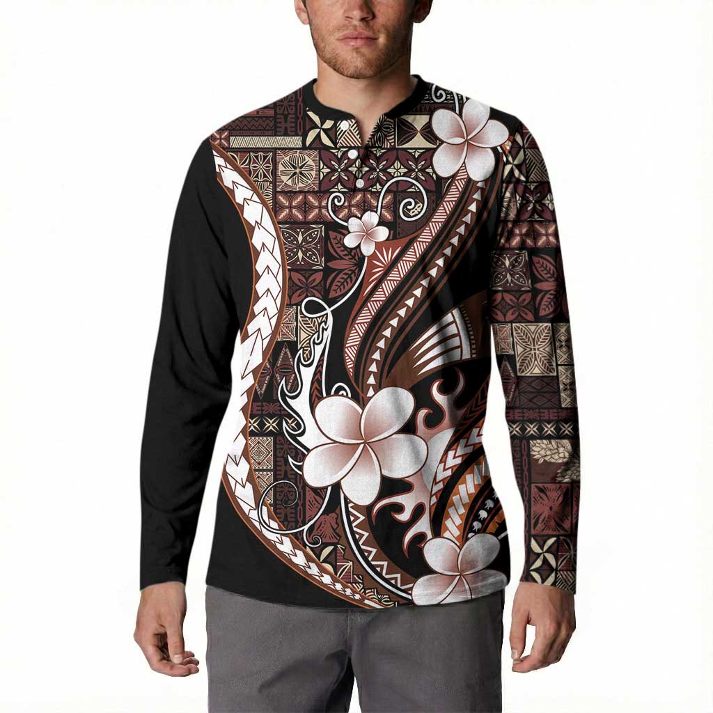 Samoa Siapo Tribal Pattern Button Sweatshirt Brown Polynesian Plumeria Tapa Motif