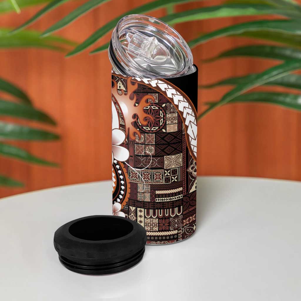 Samoa Siapo Tribal Pattern 4 in 1 Can Cooler Tumbler Brown Polynesian Plumeria Tapa Motif