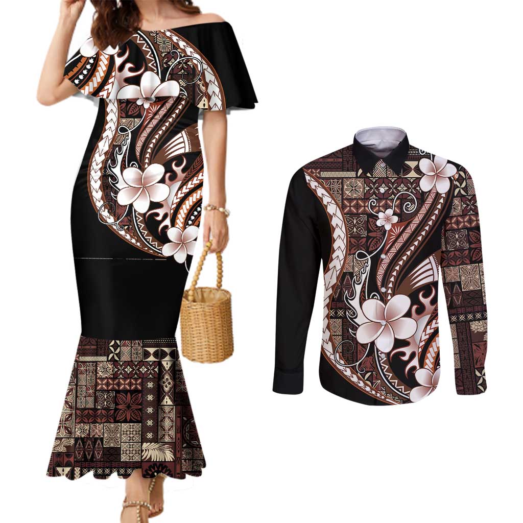 Samoa Siapo Tribal Pattern Couples Matching Mermaid Dress and Long Sleeve Button Shirt Brown Polynesian Plumeria Tapa Motif