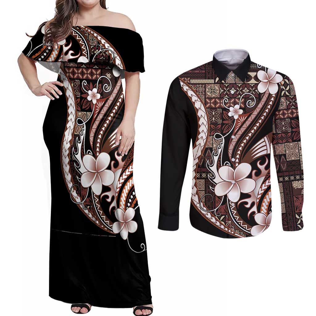 Samoa Siapo Tribal Pattern Couples Matching Off Shoulder Maxi Dress and Long Sleeve Button Shirt Brown Polynesian Plumeria Tapa Motif