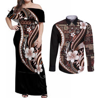 Samoa Siapo Tribal Pattern Couples Matching Off Shoulder Maxi Dress and Long Sleeve Button Shirt Brown Polynesian Plumeria Tapa Motif