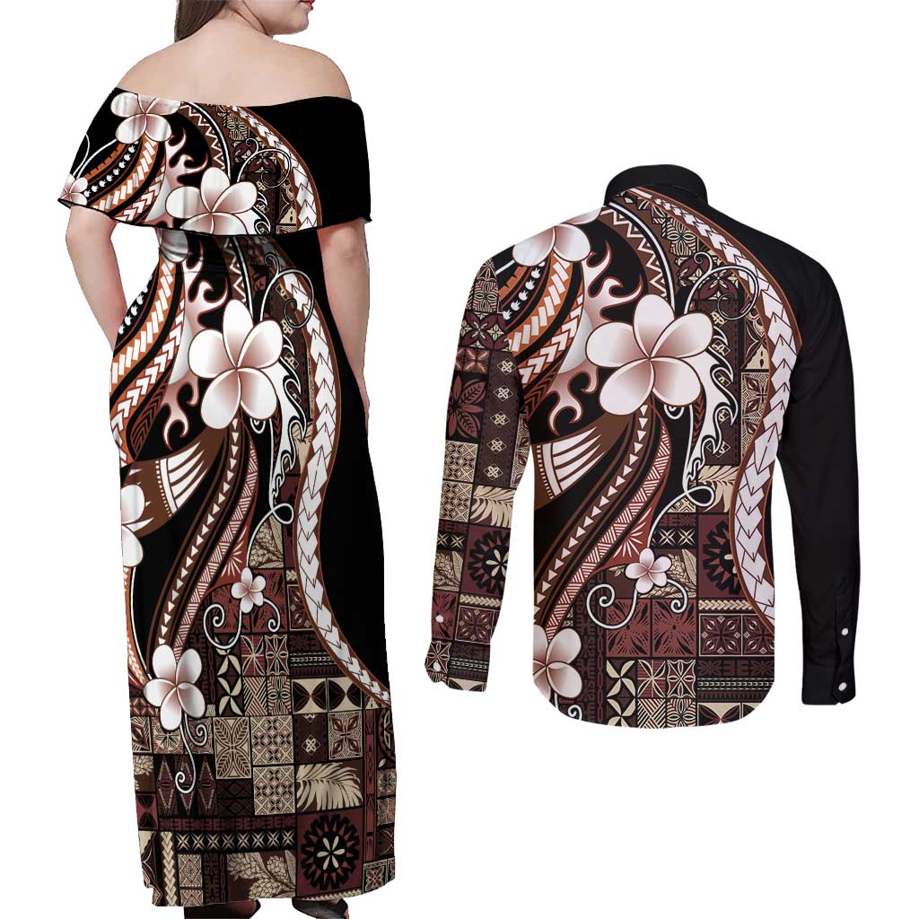 Samoa Siapo Tribal Pattern Couples Matching Off Shoulder Maxi Dress and Long Sleeve Button Shirt Brown Polynesian Plumeria Tapa Motif