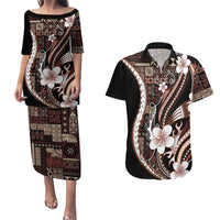 Samoa Siapo Tribal Pattern Couples Matching Puletasi and Hawaiian Shirt Brown Polynesian Plumeria Tapa Motif