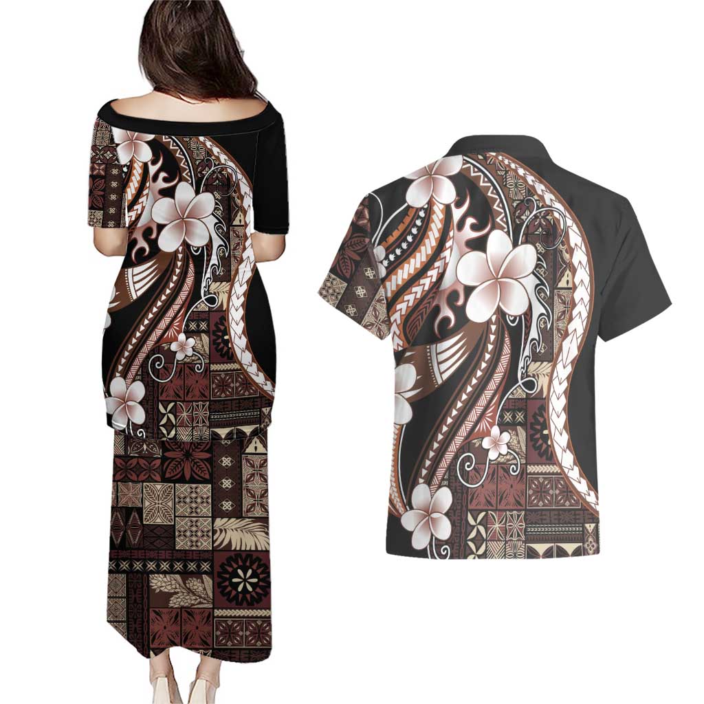 Samoa Siapo Tribal Pattern Couples Matching Puletasi and Hawaiian Shirt Brown Polynesian Plumeria Tapa Motif