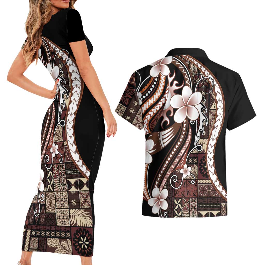 Samoa Siapo Tribal Pattern Couples Matching Short Sleeve Bodycon Dress and Hawaiian Shirt Brown Polynesian Plumeria Tapa Motif