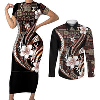 Samoa Siapo Tribal Pattern Couples Matching Short Sleeve Bodycon Dress and Long Sleeve Button Shirt Brown Polynesian Plumeria Tapa Motif LT9 Brown - Polynesian Pride