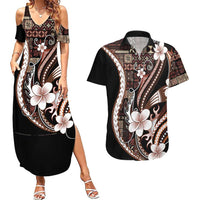 Samoa Siapo Tribal Pattern Couples Matching Summer Maxi Dress and Hawaiian Shirt Brown Polynesian Plumeria Tapa Motif