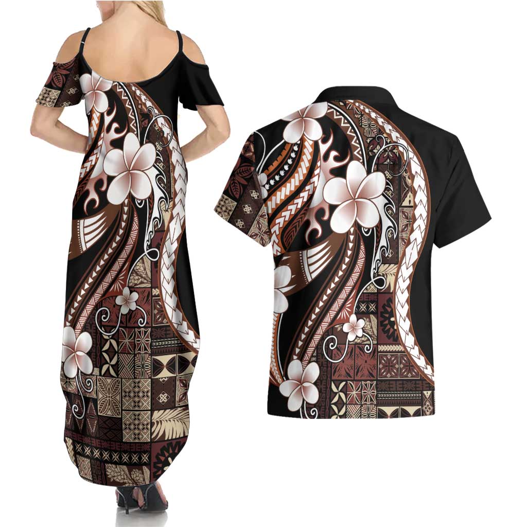 Samoa Siapo Tribal Pattern Couples Matching Summer Maxi Dress and Hawaiian Shirt Brown Polynesian Plumeria Tapa Motif