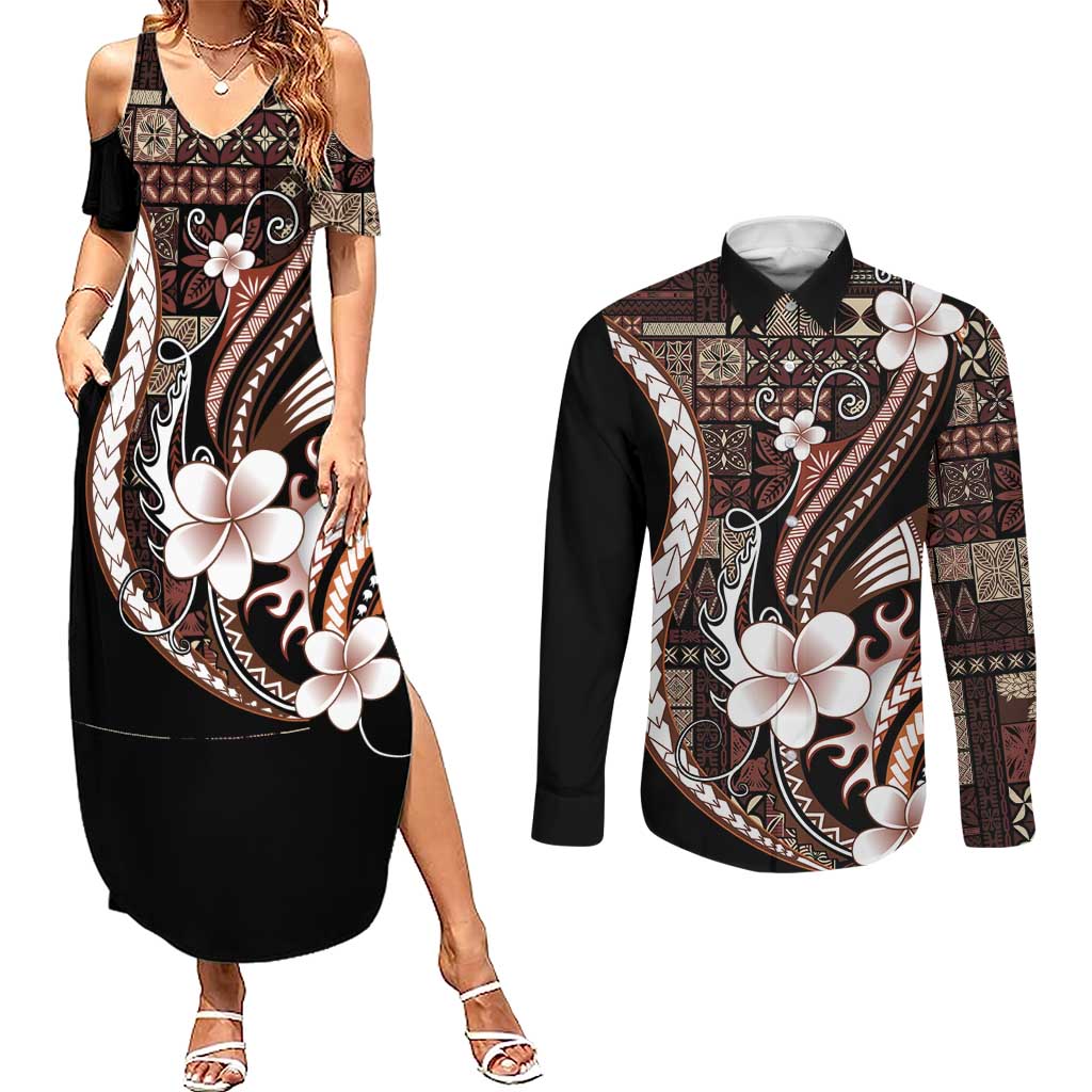 Samoa Siapo Tribal Pattern Couples Matching Summer Maxi Dress and Long Sleeve Button Shirt Brown Polynesian Plumeria Tapa Motif