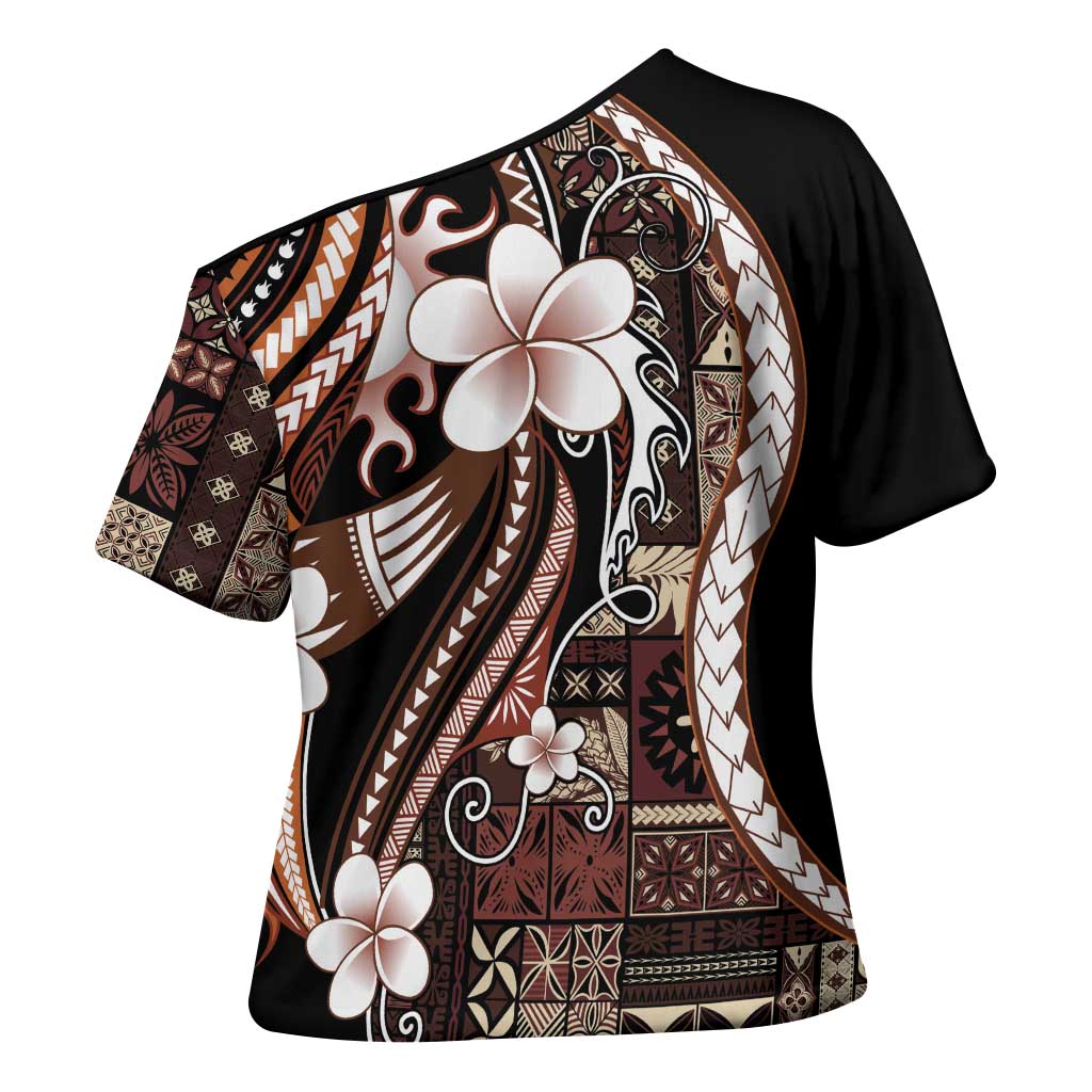 Samoa Siapo Tribal Pattern Cross Shoulder Shirt Brown Polynesian Plumeria Tapa Motif