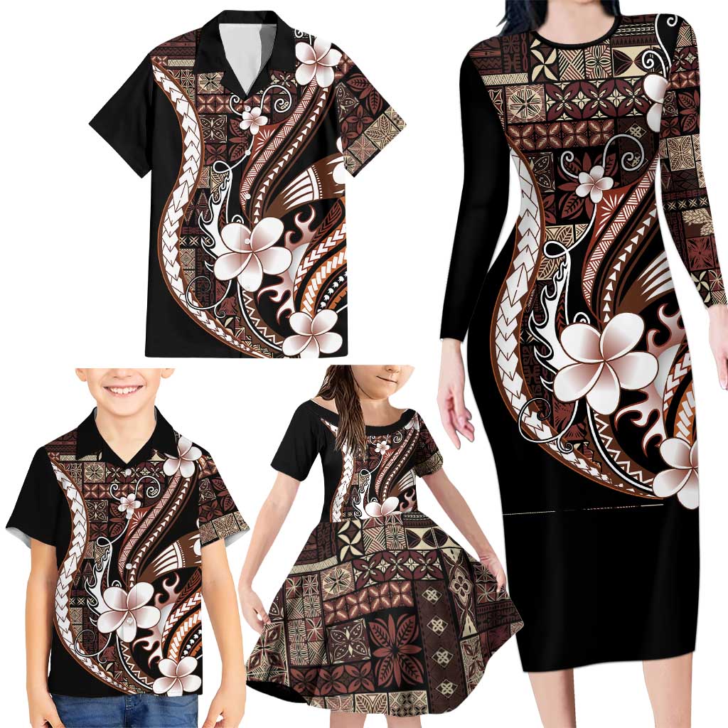 Samoa Siapo Tribal Pattern Family Matching Long Sleeve Bodycon Dress and Hawaiian Shirt Brown Polynesian Plumeria Tapa Motif
