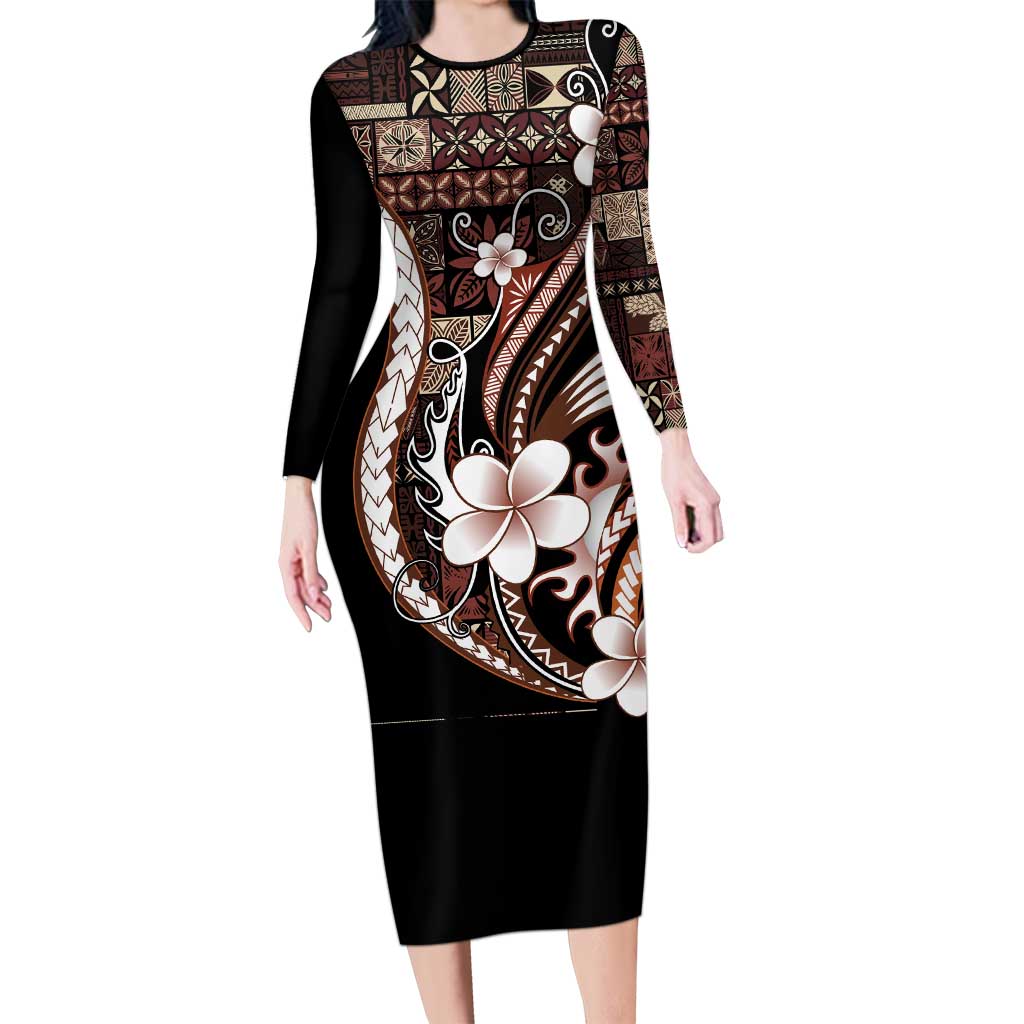 Samoa Siapo Tribal Pattern Family Matching Long Sleeve Bodycon Dress and Hawaiian Shirt Brown Polynesian Plumeria Tapa Motif LT9 Mom's Dress Brown - Polynesian Pride