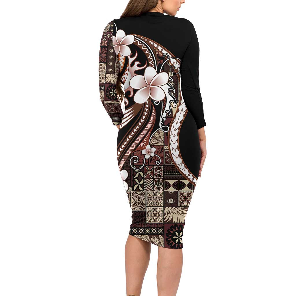 Samoa Siapo Tribal Pattern Family Matching Long Sleeve Bodycon Dress and Hawaiian Shirt Brown Polynesian Plumeria Tapa Motif LT9 - Polynesian Pride