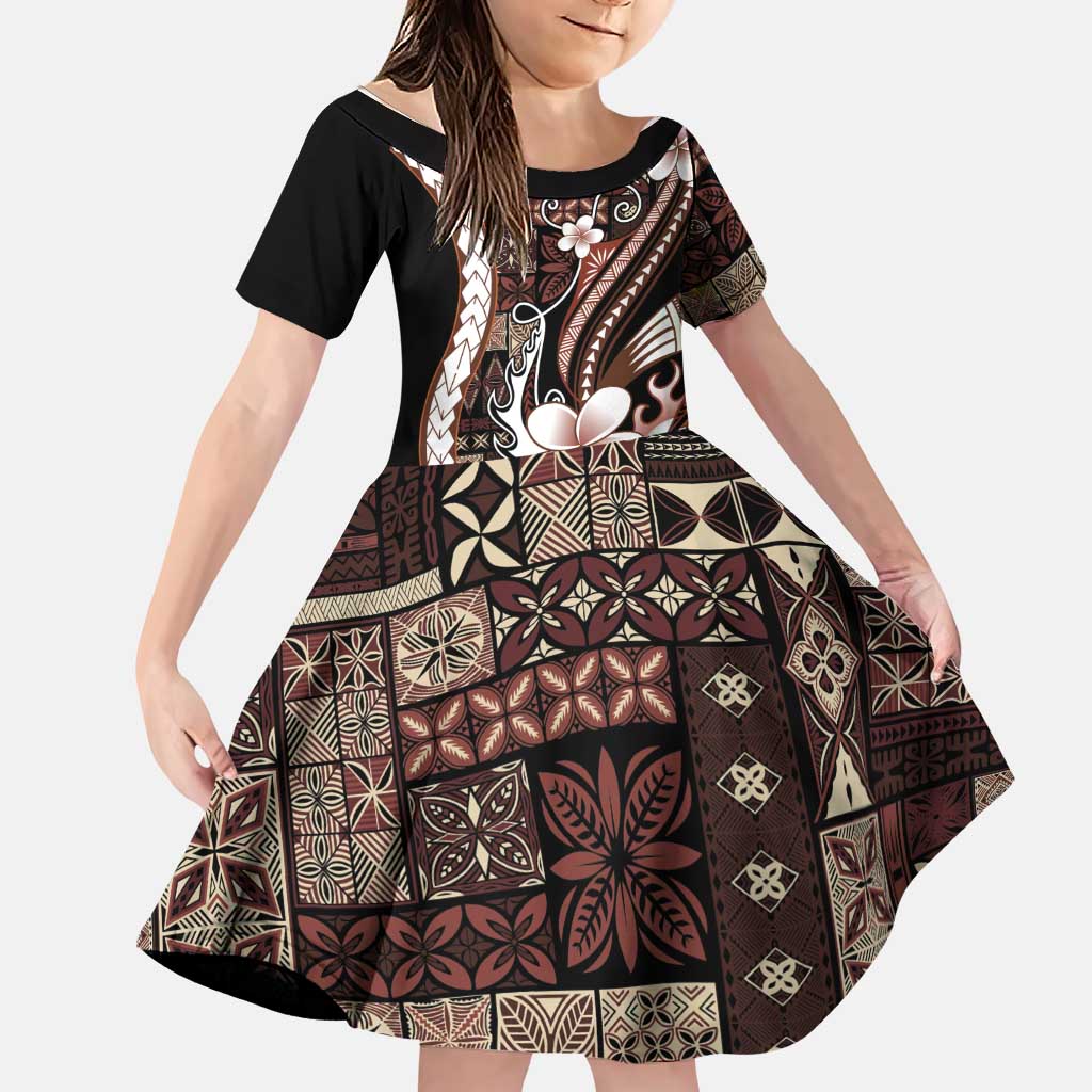 Samoa Siapo Tribal Pattern Family Matching Off The Shoulder Long Sleeve Dress and Hawaiian Shirt Brown Polynesian Plumeria Tapa Motif LT9 Daughter's Dress Brown - Polynesian Pride
