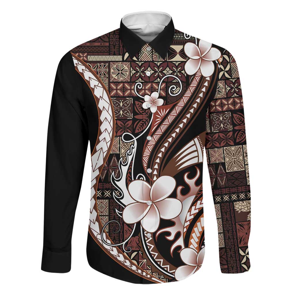 Samoa Siapo Tribal Pattern Family Matching Off The Shoulder Long Sleeve Dress and Hawaiian Shirt Brown Polynesian Plumeria Tapa Motif LT9 Dad's Shirt - Long Sleeve Brown - Polynesian Pride