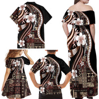 Samoa Siapo Tribal Pattern Family Matching Off Shoulder Maxi Dress and Hawaiian Shirt Brown Polynesian Plumeria Tapa Motif LT9 - Polynesian Pride