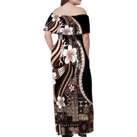 Samoa Siapo Tribal Pattern Family Matching Off Shoulder Maxi Dress and Hawaiian Shirt Brown Polynesian Plumeria Tapa Motif LT9 - Polynesian Pride