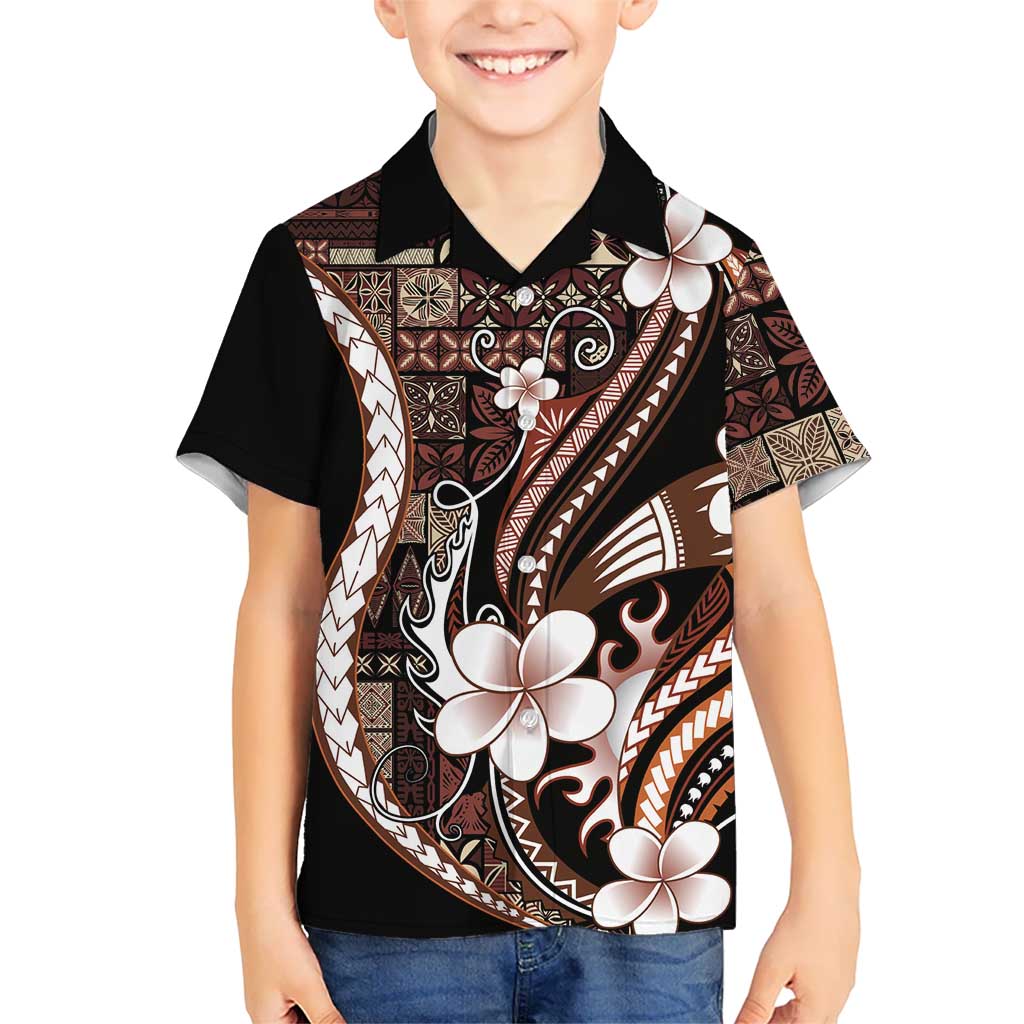 Samoa Siapo Tribal Pattern Family Matching Off Shoulder Maxi Dress and Hawaiian Shirt Brown Polynesian Plumeria Tapa Motif LT9 Son's Shirt Brown - Polynesian Pride