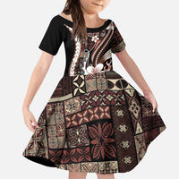 Samoa Siapo Tribal Pattern Family Matching Off Shoulder Short Dress and Hawaiian Shirt Brown Polynesian Plumeria Tapa Motif LT9 Daughter's Dress Brown - Polynesian Pride