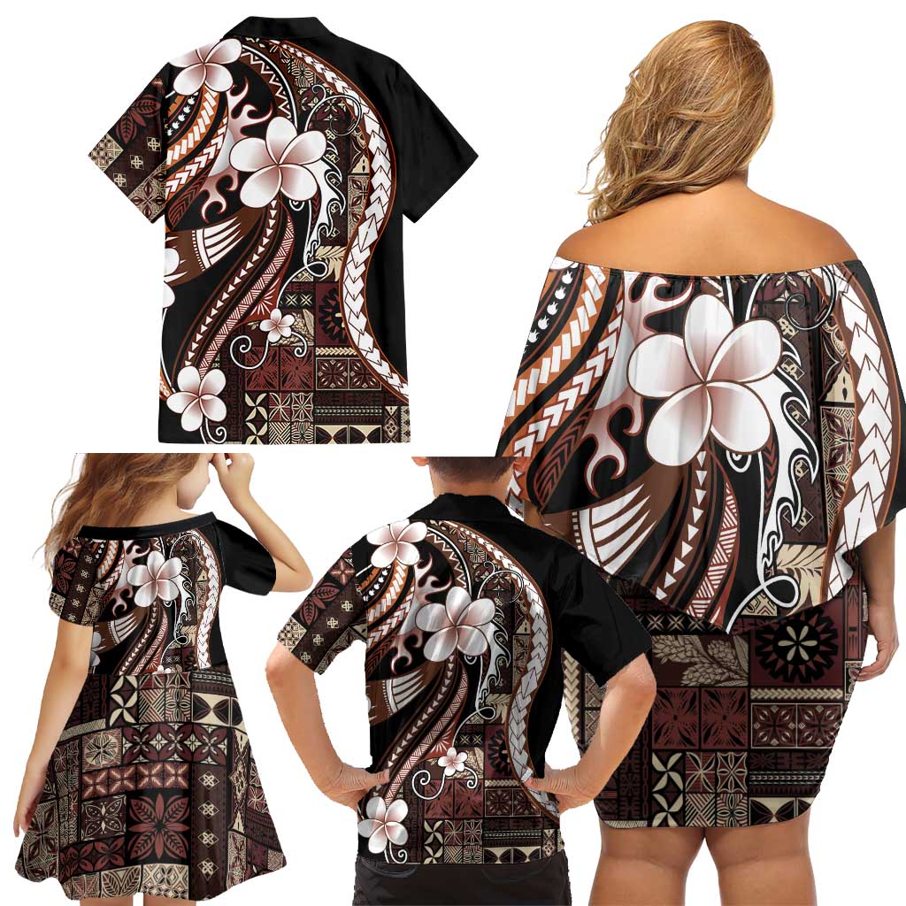 Samoa Siapo Tribal Pattern Family Matching Off Shoulder Short Dress and Hawaiian Shirt Brown Polynesian Plumeria Tapa Motif LT9 - Polynesian Pride