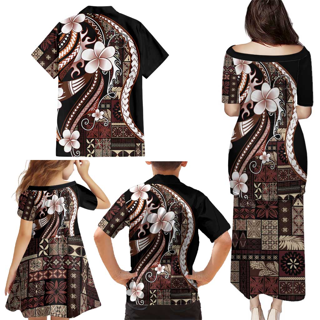 Samoa Siapo Tribal Pattern Family Matching Puletasi and Hawaiian Shirt Brown Polynesian Plumeria Tapa Motif