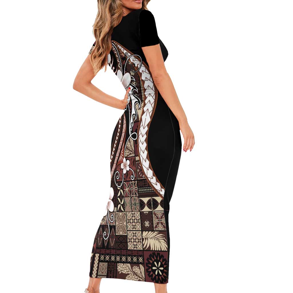 Samoa Siapo Tribal Pattern Family Matching Short Sleeve Bodycon Dress and Hawaiian Shirt Brown Polynesian Plumeria Tapa Motif LT9 - Polynesian Pride