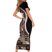 Samoa Siapo Tribal Pattern Family Matching Short Sleeve Bodycon Dress and Hawaiian Shirt Brown Polynesian Plumeria Tapa Motif LT9 - Polynesian Pride
