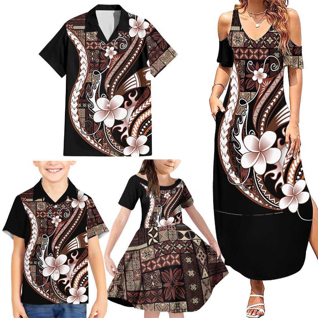 Samoa Siapo Tribal Pattern Family Matching Summer Maxi Dress and Hawaiian Shirt Brown Polynesian Plumeria Tapa Motif