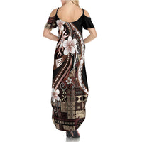 Samoa Siapo Tribal Pattern Family Matching Summer Maxi Dress and Hawaiian Shirt Brown Polynesian Plumeria Tapa Motif LT9 - Polynesian Pride