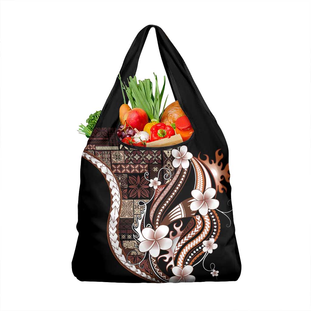 Samoa Siapo Tribal Pattern Grocery Bag Brown Polynesian Plumeria Tapa Motif