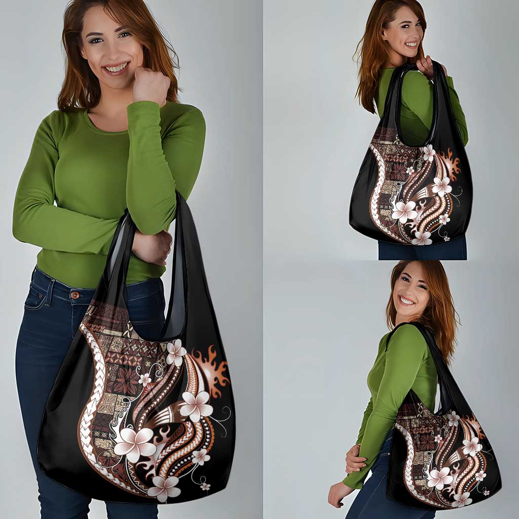 Samoa Siapo Tribal Pattern Grocery Bag Brown Polynesian Plumeria Tapa Motif